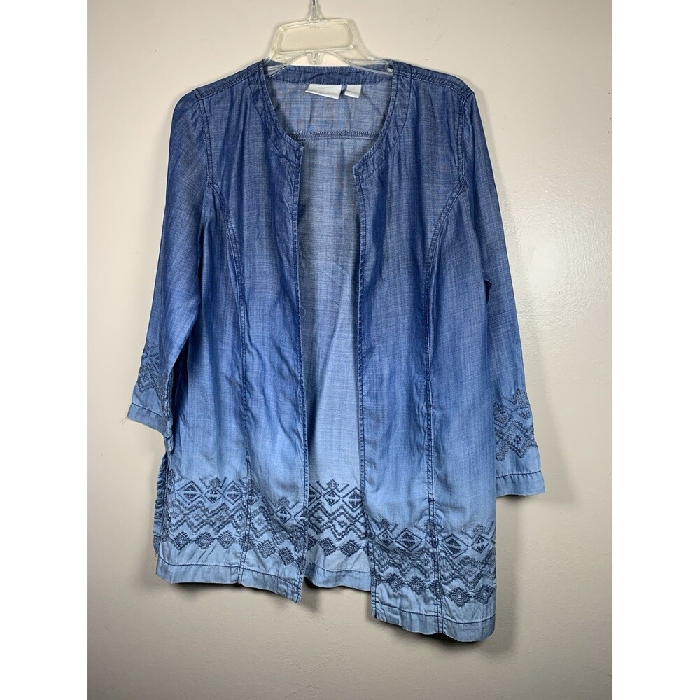 Chico's 1 Medium Open Front Indigo Eyelet Topper 3/4 Sleeve Jacket Tunic Womens